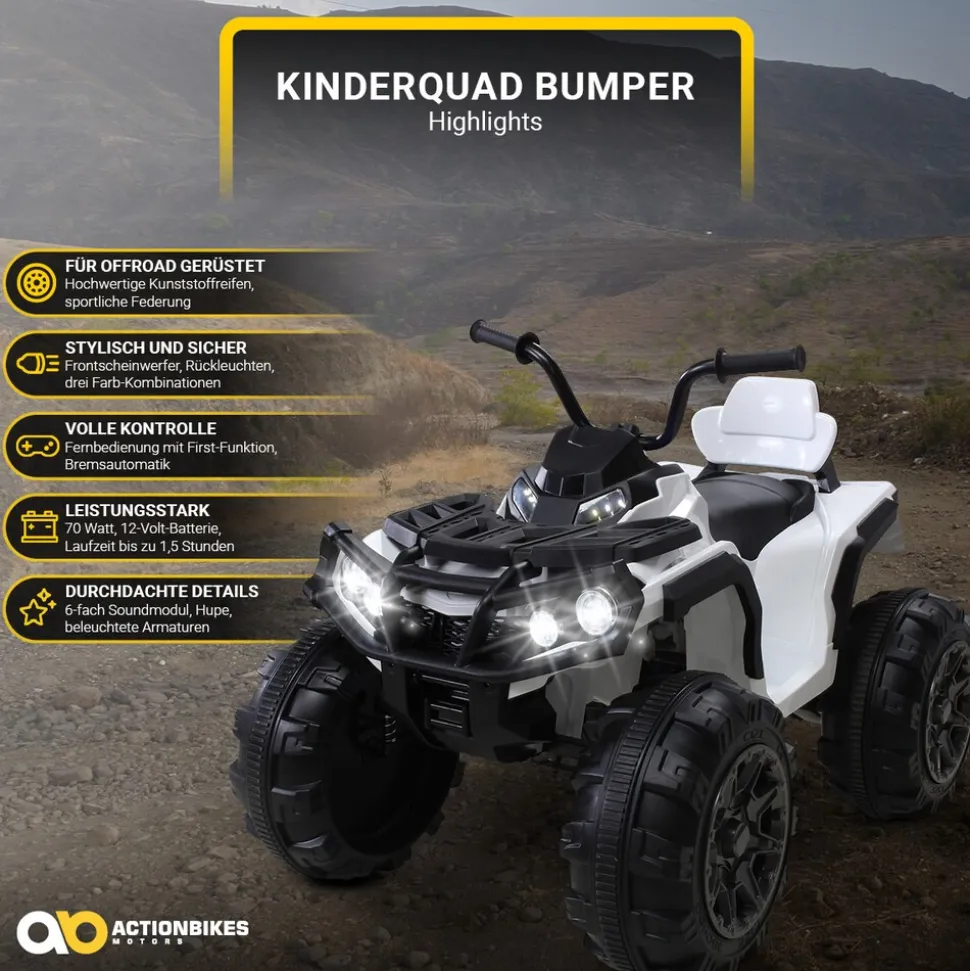 Kinderquad Bumper, Kinder-Elektroauto mit Fernbedienung, 70 Watt, Stoßdämpfer, Bremsautomatik, LED (Weiß)