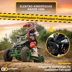 Kinderquad Racer 1000, Pocket-Quad mit 1000 Watt Elektromotor, 3 Batterien, Stoßdämpfer, bis 24 km/h (Schwarz/Grün)