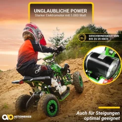 Kinderquad Racer 1000, Pocket-Quad mit 1000 Watt Elektromotor, 3 Batterien, Stoßdämpfer, bis 24 km/h (Schwarz/Grün)