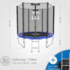 KINETIC SPORTS Trampolin Outdoor 'Salto Plus' Ø 183/244/305/366/400/430/490 cm - Komplett-Set für Kinder, USA Sprungtuch, Netz, Randpolster, Leiter - bis zu 160kg | Blau-2 Ø 183 cm Ø 183 cm, Blau-2