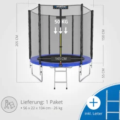 KINETIC SPORTS Trampolin Outdoor SALTO Ø 183/244/305/366/400/430/490 cm - Kindertrampolin Set mit Leiter, Netz, Randpolster, USA Sprungtuch - Gartentrampolin, bis zu 160kg | Blau Ø 183 cm Ø 183 cm, Blau