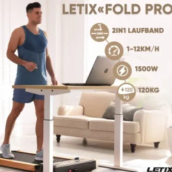 LETIX Elektrisches Laufband FoldPro 2in1 mit LCD-Display, Bluetooth & APP Funktion, für zu Hause und Büro, motorisiertes Fitnessgerät, Heimtrainer - Holzoptik
