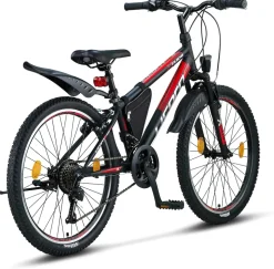 Licorne Bike Guide Premium Mountainbike in 20, 24 und 26 Zoll - Fahrrad für Mädchen, Jungen, Herren und Damen - Shimano 21 Gang-Schaltung, Kinderfahrrad, Kinder Farbe:Schwarz/Rot/Grau;Zoll:24