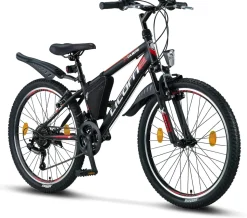 Licorne Bike Guide Premium Mountainbike in 20, 24 und 26 Zoll - Fahrrad für Mädchen, Jungen, Herren und Damen - Shimano 21 Gang-Schaltung, Kinderfahrrad, Kinder Farbe:Schwarz/Rot/Grau;Zoll:24