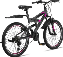 Licorne Bike Strong V Premium Mountainbike in 24 und 26 Zoll - Fahrrad für Jungen, Mädchen, Damen und Herren - Shimano 21 Gang-Schaltung - Vollfederung Zoll:26;Farbe:Anthrazit/Rosa