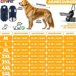 LOVPET® Hundejacke Hundemantel mit Geschirr, inkl. 45 Stück Kotbeutel + Spender, Hunde Winterweste gefüttert wasserdicht, Gepolsterte Weste Mit Brustgurt, Reflektoren, D-Ring