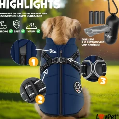 LOVPET® Hundejacke Hundemantel mit Geschirr, inkl. 45 Stück Kotbeutel + Spender, Hunde Winterweste gefüttert wasserdicht, Gepolsterte Weste Mit Brustgurt, Reflektoren, D-Ring