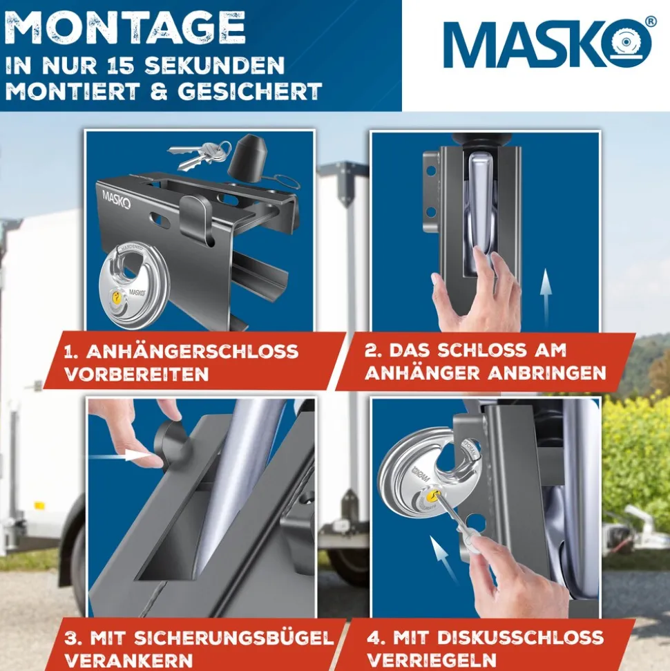 MASKO® Anhängerschloss für Angekoppelte & Abgekoppelte Anhänger | Anhänger Schloss Diebstahlschutz Wohnwagen Kastenschloss inkl. Diskusschloss & Schlüssel & Schutzkappe