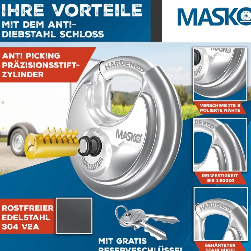 MASKO® Anhängerschloss für Angekoppelte & Abgekoppelte Anhänger | Anhänger Schloss Diebstahlschutz Wohnwagen Kastenschloss inkl. Diskusschloss & Schlüssel & Schutzkappe