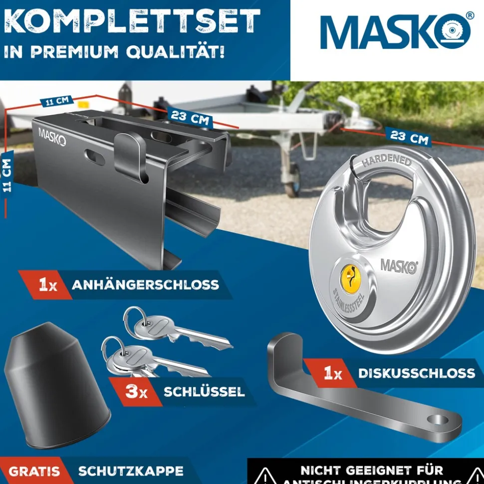 MASKO® Anhängerschloss für Angekoppelte & Abgekoppelte Anhänger | Anhänger Schloss Diebstahlschutz Wohnwagen Kastenschloss inkl. Diskusschloss & Schlüssel & Schutzkappe