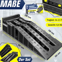 MASKO® Auffahrrampe 2er Set | Auffahrkeile bis 5 t Traglast | KFZ-Rampe mit Überfahrschutz | Verladerampe rutschfest, robust und extra breit | Garagenrampen Autorampe Ölwechsel und Reparatur