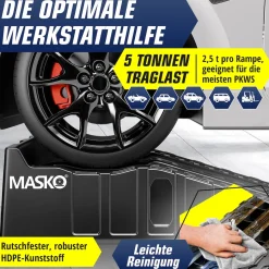 MASKO® Auffahrrampe 2er Set | Auffahrkeile bis 5 t Traglast | KFZ-Rampe mit Überfahrschutz | Verladerampe rutschfest, robust und extra breit | Garagenrampen Autorampe Ölwechsel und Reparatur
