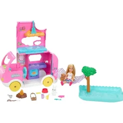 Mattel HNH90 - Barbie Chelsea - Spielfahrzeug mit Zubehör, 2 in 1 Camper