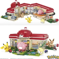 Mattel HNT93 - Mega - Pokémon - Pokémon-Center - Bauset mit Pikachu, Chaneira, Evoli und Togepi, 648 Teile