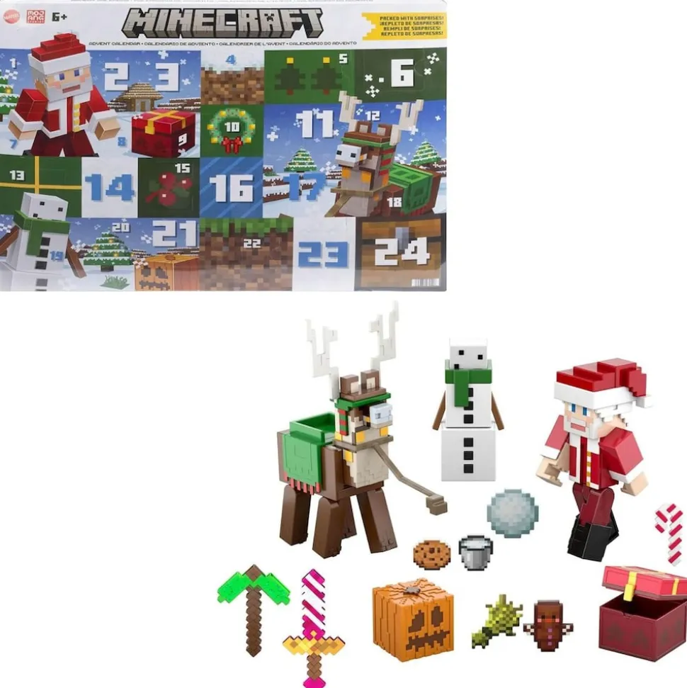 Mattel HXM86 - Minecraft - Adventskalender mit 24 Überraschungen - 3 Actionfiguren (ca. 8 cm), 17 Zubehörteile & 4 Aufkleber