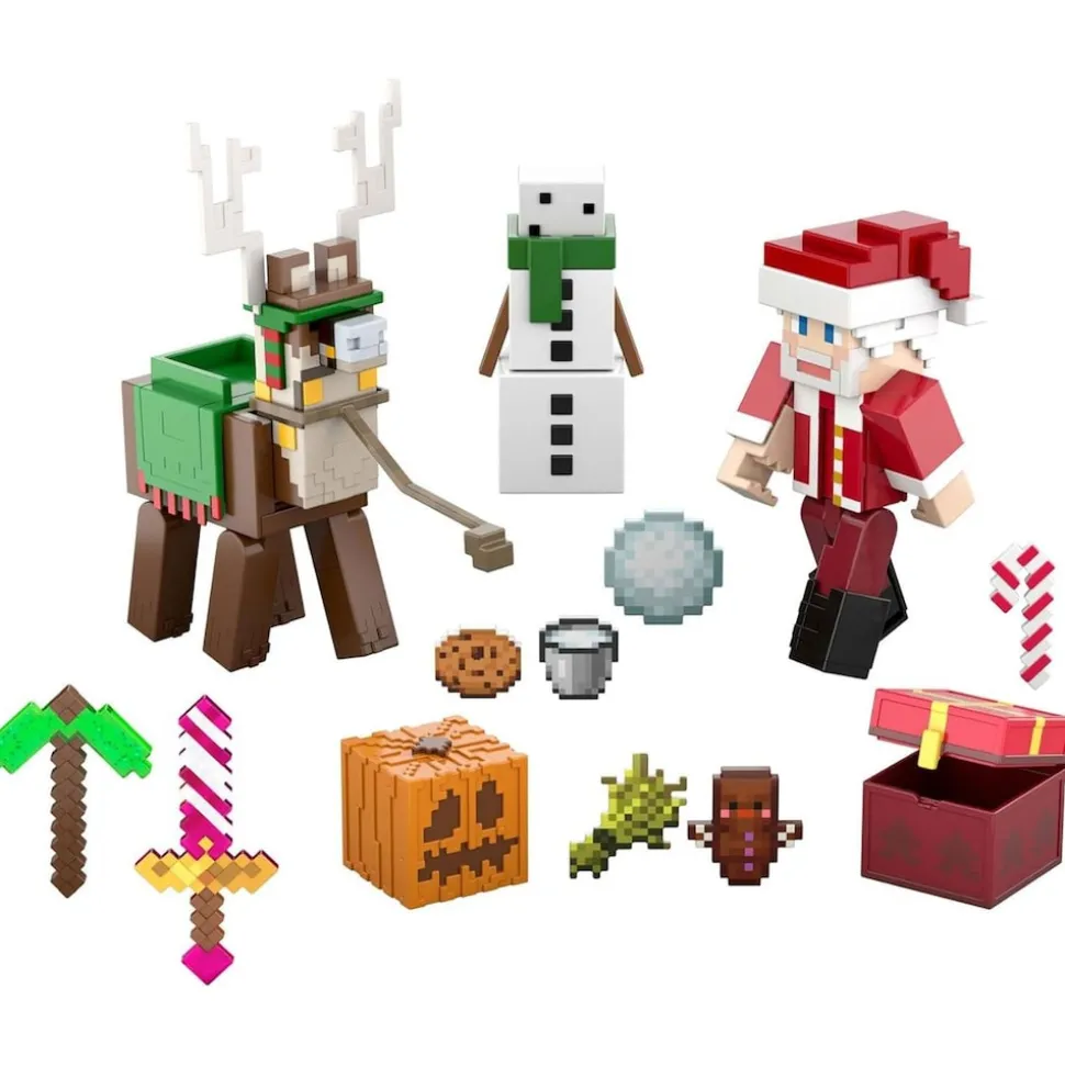 Mattel HXM86 - Minecraft - Adventskalender mit 24 Überraschungen - 3 Actionfiguren (ca. 8 cm), 17 Zubehörteile & 4 Aufkleber