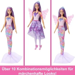 Mattel JCP74 - Barbie - 3-in-1 Puppen-Set: Meerjungfrau-, Feen- & Prinzesinnen-Looks, 8 teiliges Outfit-Set
