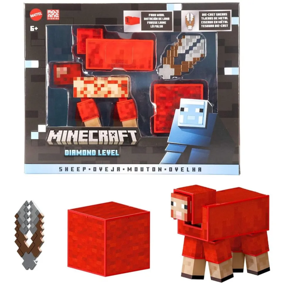Mattel JCV22 - Minecraft - Mojang Studios - Diamond Level - rotes Schaf Actionfigur, ca. 9 cm mit 3 Zubehörteilen