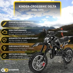 Mini-Crossbike Delta, Benzin-Motorrad, Pocketbike, Dirtbike, 49 ccm, bis zu 40 km/h, Scheibenbremsen (Schwarz)
