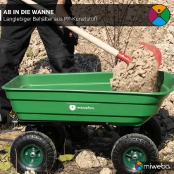 Miweba Bollerwagen Dumper, verriegelbare Kippfunktion, robuste PP-Wanne, Anhängerkupplung, bis 300kg (Grün)