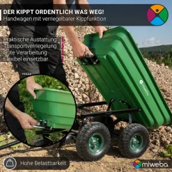 Miweba Bollerwagen Dumper, verriegelbare Kippfunktion, robuste PP-Wanne, Anhängerkupplung, bis 300kg (Grün)