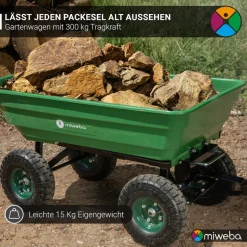 Miweba Bollerwagen Dumper, verriegelbare Kippfunktion, robuste PP-Wanne, Anhängerkupplung, bis 300kg (Grün)