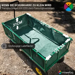 Miweba Bollerwagen MB-700, Transportwagen mit 700 kg Traglast, klappbar, Doppelachse, Stahlrahmen (Grün)