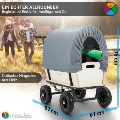 Miweba Holz-Bollerwagen Canvas, mit Dach, deichselgeführte Lenkachse, 180 kg, Profilreifen, Stahl