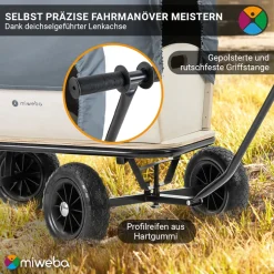 Miweba Holz-Bollerwagen Canvas, mit Dach, deichselgeführte Lenkachse, 180 kg, Profilreifen, Stahl