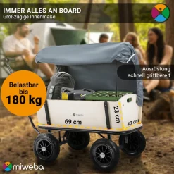 Miweba Holz-Bollerwagen Canvas, mit Dach, deichselgeführte Lenkachse, 180 kg, Profilreifen, Stahl