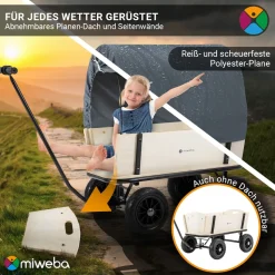 Miweba Holz-Bollerwagen Canvas, mit Dach, deichselgeführte Lenkachse, 180 kg, Profilreifen, Stahl