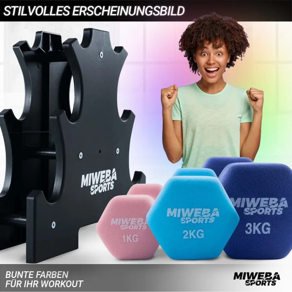 Miweba Sports Gymnastikhantel-Set NKH120, 1-3 kg, Neopren/Vinyl, Eisenkern, rutschfest, Hantelablage (Rosa, Türkis, Königsblau, Neopren)