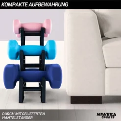 Miweba Sports Gymnastikhantel-Set NKH120, 1-3 kg, Neopren/Vinyl, Eisenkern, rutschfest, Hantelablage (Rosa, Türkis, Königsblau, Neopren)