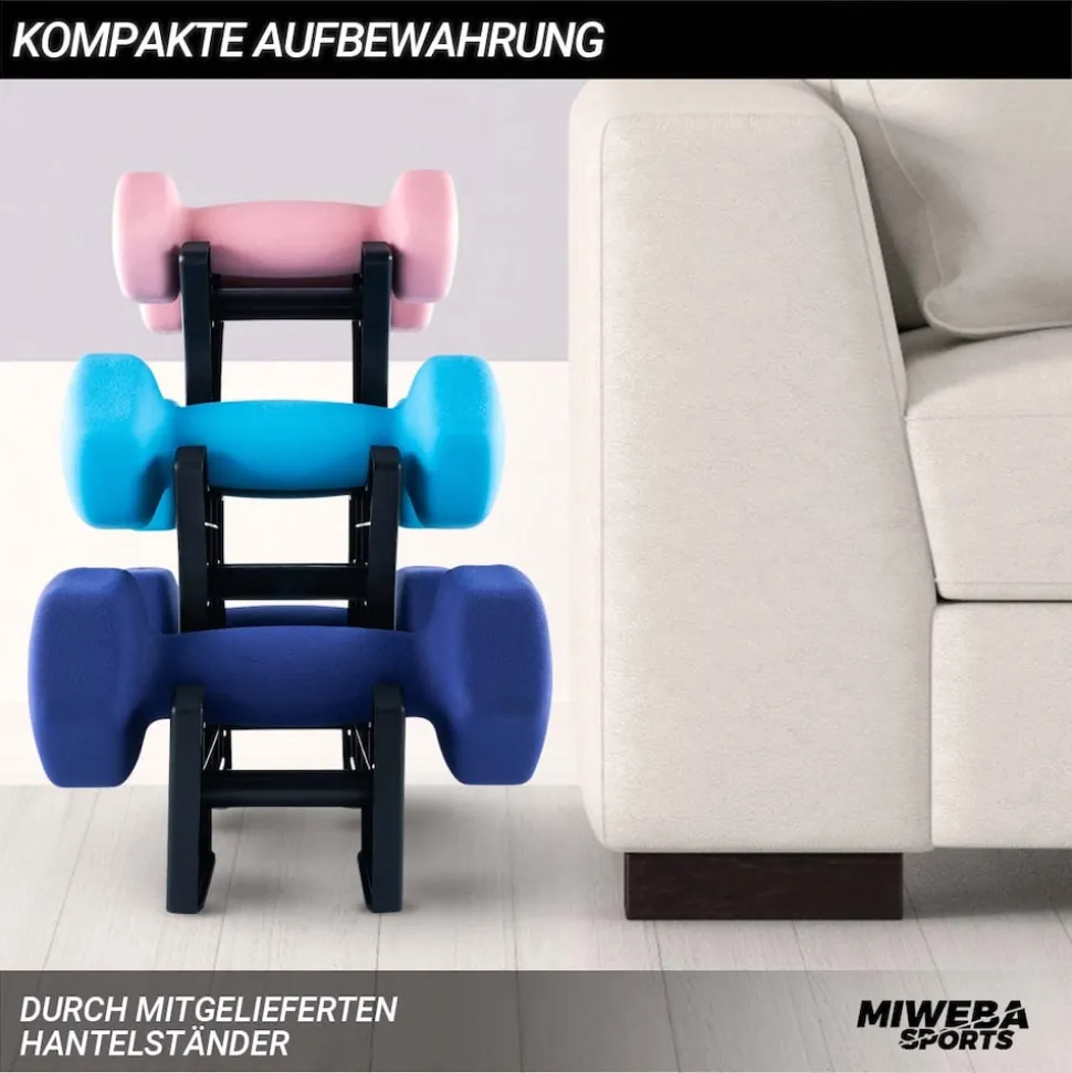 Miweba Sports Gymnastikhantel-Set NKH120, 1-3 kg, Neopren/Vinyl, Eisenkern, rutschfest, Hantelablage (Rosa, Türkis, Königsblau, Neopren)