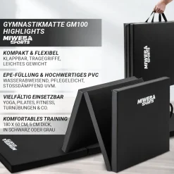 Miweba Sports Gymnastikmatte GM100, faltbar, rutschfest, Turnmatte für zuhause, Tragegriffe, PVC (Schwarz)