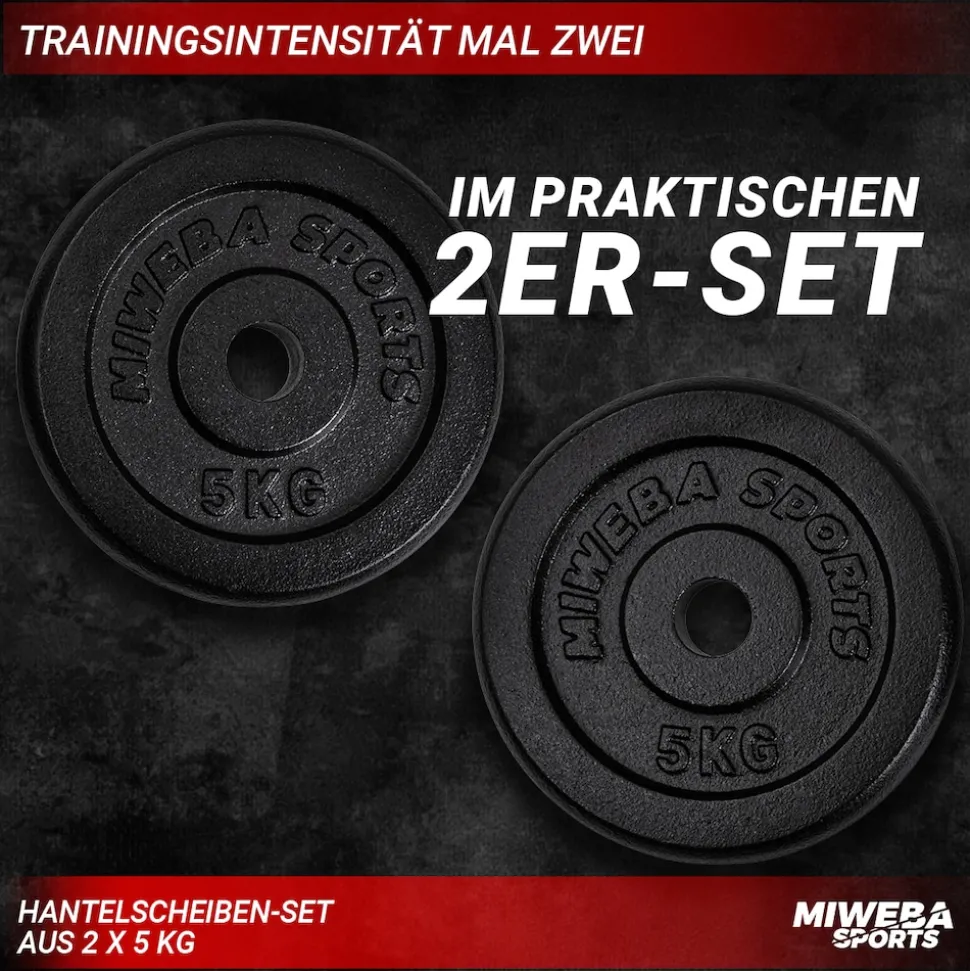 Miweba Sports Hantelscheiben HSG50, 2x 5 kg Hantel-Gewichte, passend für Ø 30mm, Set, Gusseisen