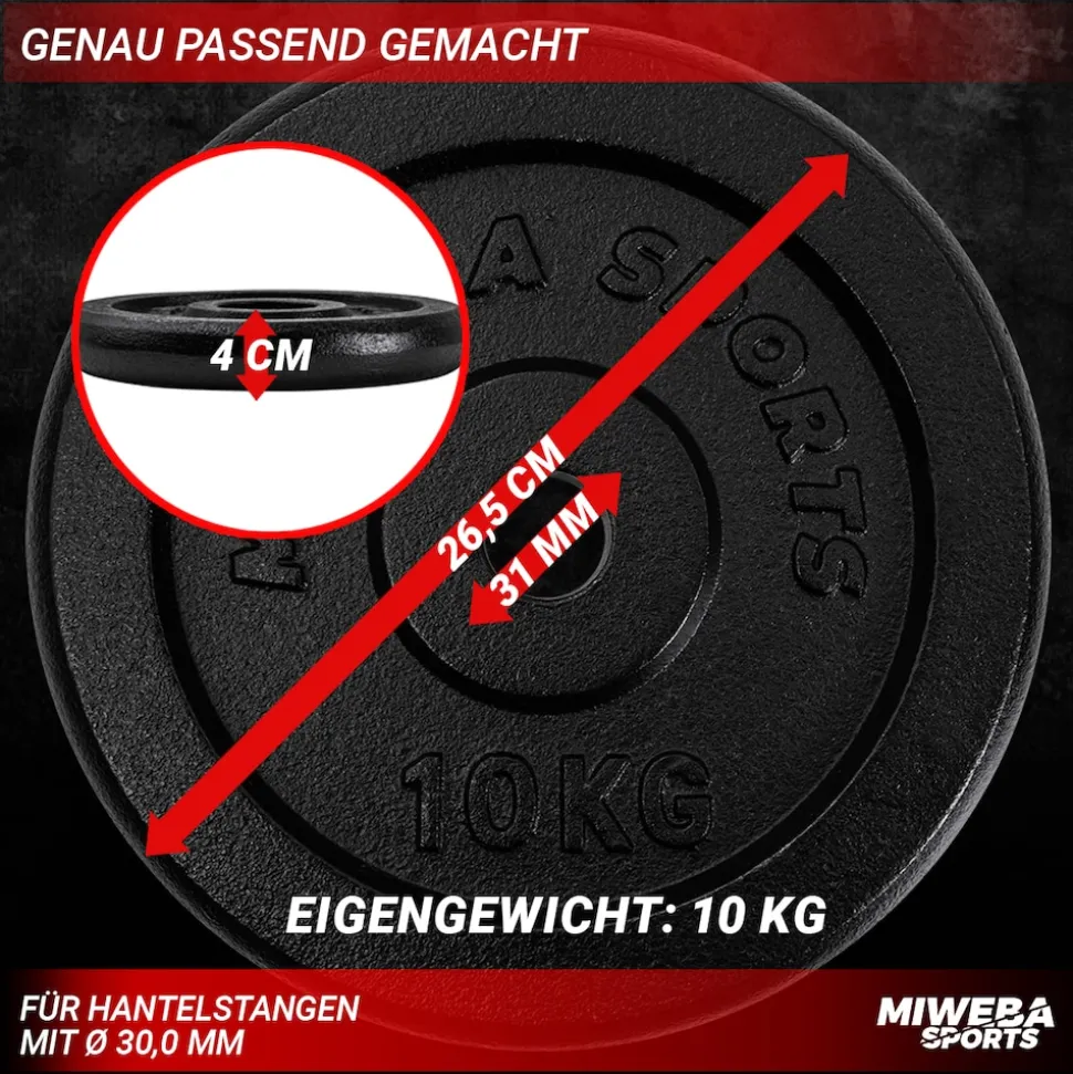 Miweba Sports Hantelscheiben HSG100, 2x 10 kg Hantel-Gewichte, passend für Ø 30mm, Set, Gusseisen