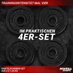 Miweba Sports Hantelscheiben HSG12, 4x 1,25 kg Hantel-Gewichte, passend für Ø 30mm, Set, Gusseisen