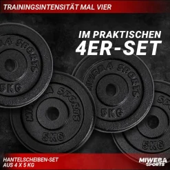 Miweba Sports Hantelscheiben HSG75, 4 x 5 kg Hantel-Gewichte, passend für Ø 30 mm, Set, Gusseisen