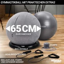 Miweba Sports 4in1-Gymnastikball-Set, Sitzball, 65 cm, Ballschale, Pumpe, Bezug, Schlingentrainer (Grau)