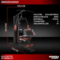 Miweba Sports 50in1-Kraftstation MK500 Pro, Fitnessstation mit ca. 60 kg Seilzug, Butterfly, Zugturm