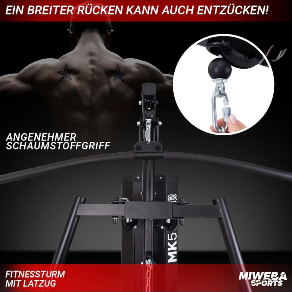 Miweba Sports 50in1-Kraftstation MK500 Pro, Fitnessstation mit ca. 60 kg Seilzug, Butterfly, Zugturm