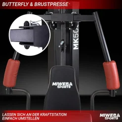 Miweba Sports 50in1-Kraftstation MK500 Pro, Fitnessstation mit ca. 60 kg Seilzug, Butterfly, Zugturm