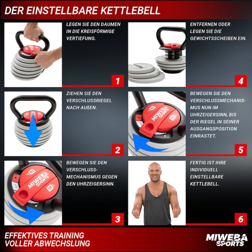 Miweba Sports Kettlebell KB300, verstellbar, 3,4-18 kg, 6 Gewichtscheiben, Easy-Lock-Mechanismus