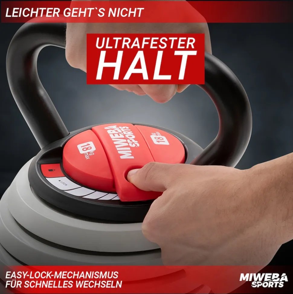 Miweba Sports Kettlebell KB300, verstellbar, 3,4-18 kg, 6 Gewichtscheiben, Easy-Lock-Mechanismus