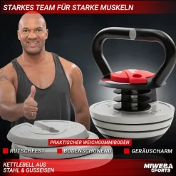 Miweba Sports Kettlebell KB300, verstellbar, 3,4-18 kg, 6 Gewichtscheiben, Easy-Lock-Mechanismus