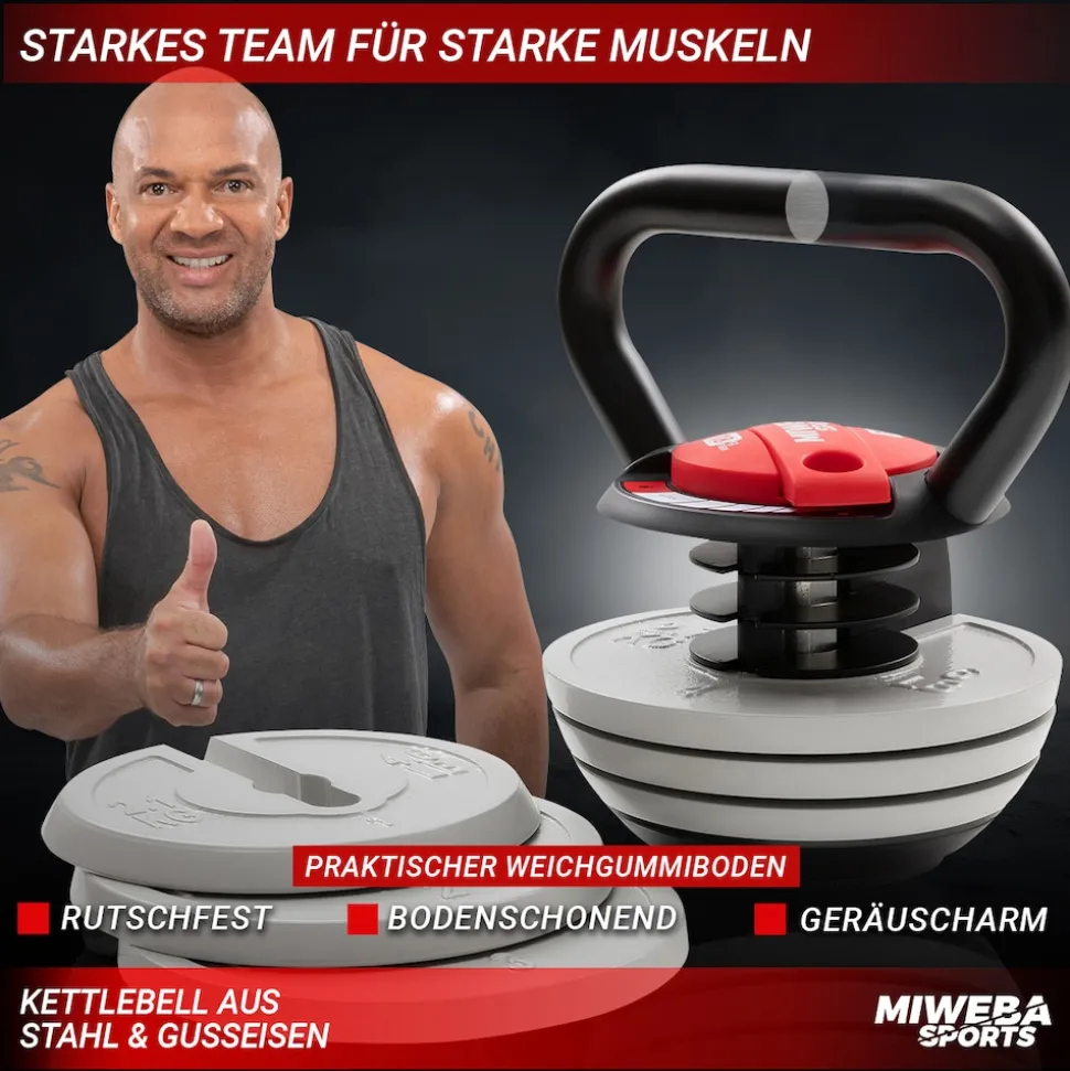 Miweba Sports Kettlebell KB300, verstellbar, 3,4-18 kg, 6 Gewichtscheiben, Easy-Lock-Mechanismus