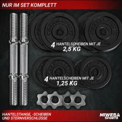 Miweba Sports Kurzhantel MKH110, 10 kg, Gewichte aus Gusseisen, Stahl-Hantelstange, Sternverschluss (Hantelpaar)