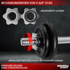 Miweba Sports Kurzhantel MKH110, 10 kg, Gewichte aus Gusseisen, Stahl-Hantelstange, Sternverschluss (Hantelpaar)