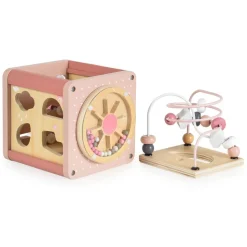 Moni Aktivitätswürfel Holz W11B316, Sortierspiel, Xylophon, Labyrinth, Motorik rosa